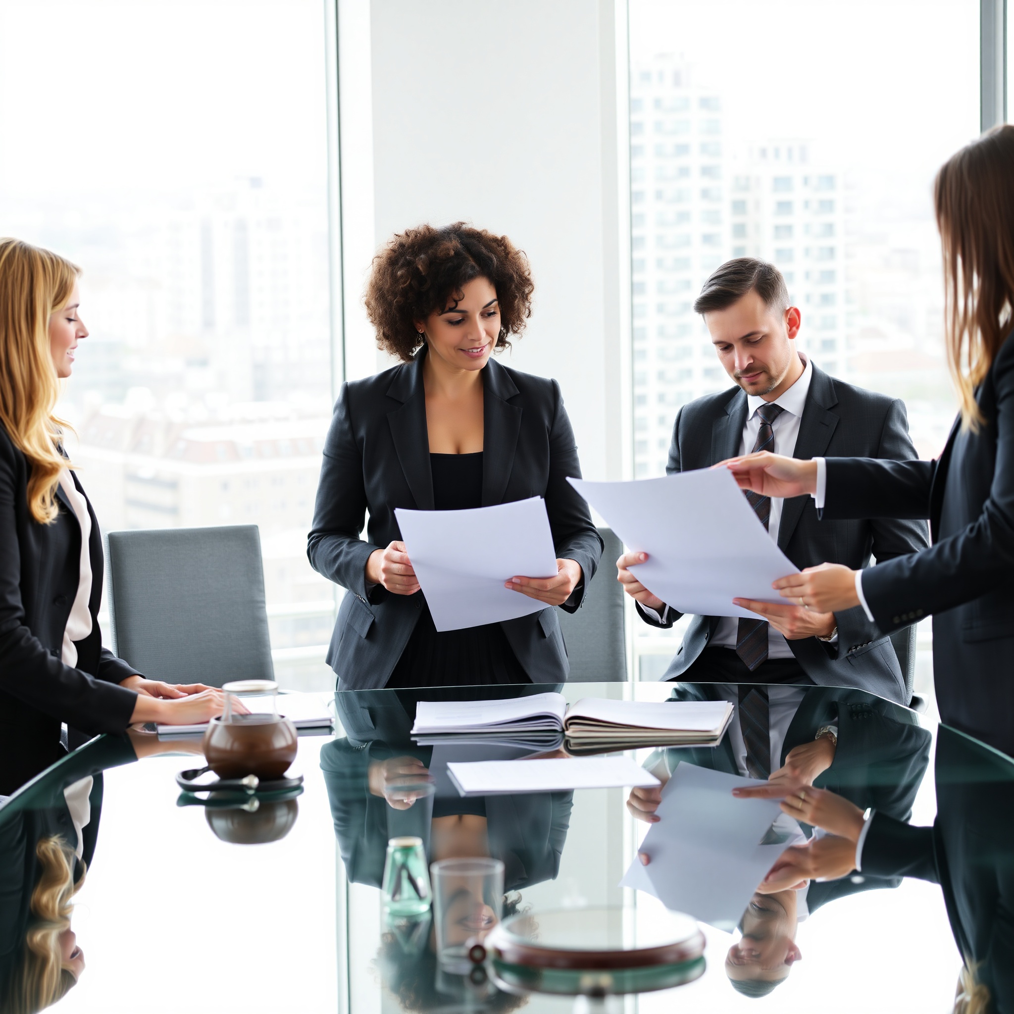 Legal team collaborating on real estate case strategy in conference room