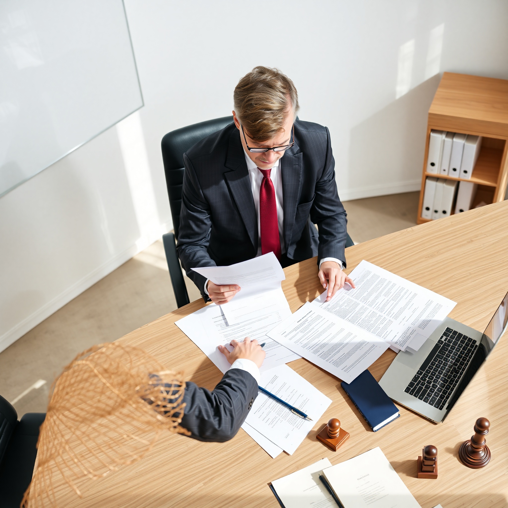 Professional real estate lawyer reviewing purchase agreement document at modern desk with laptop