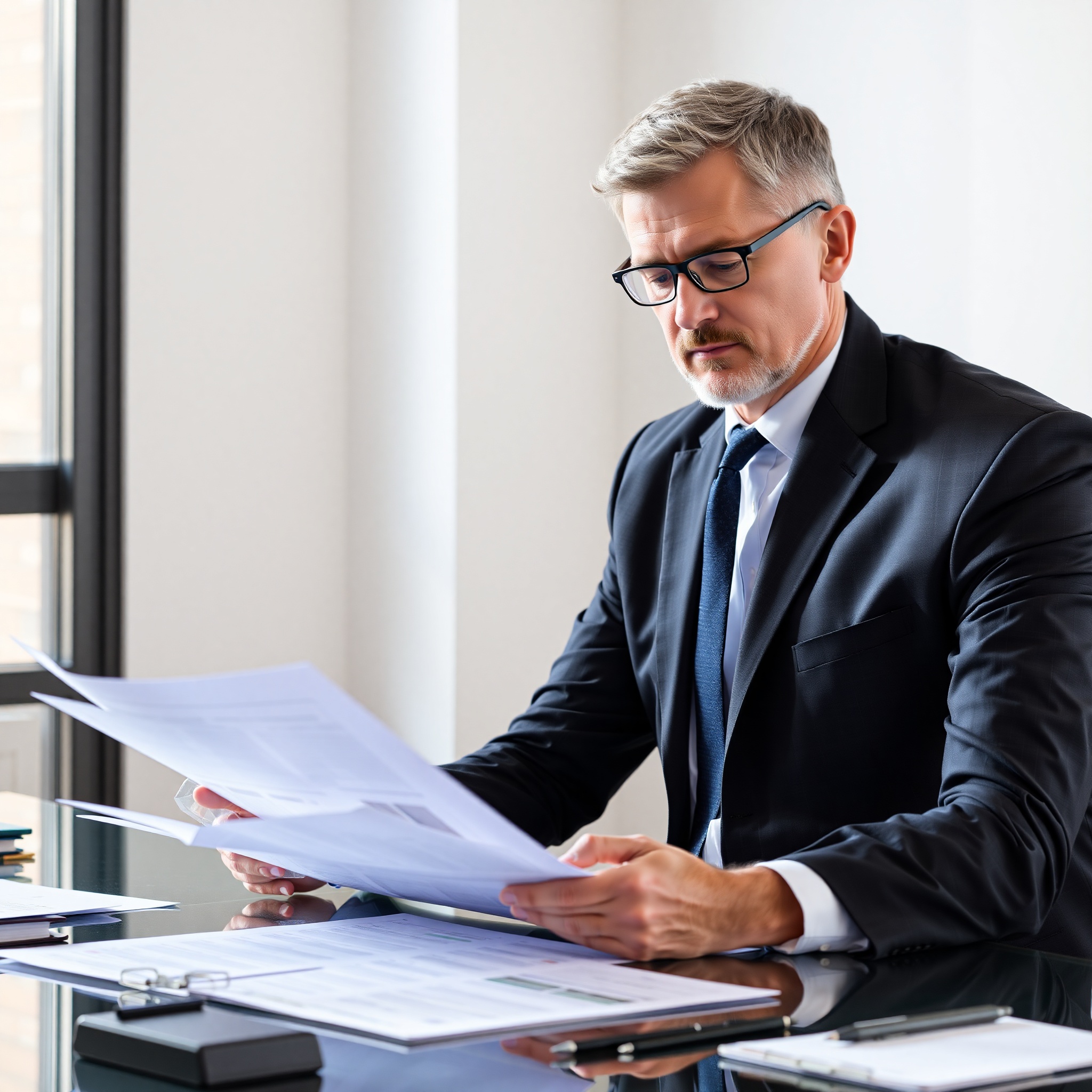 Professional property lawyer reviewing real estate contract at office desk