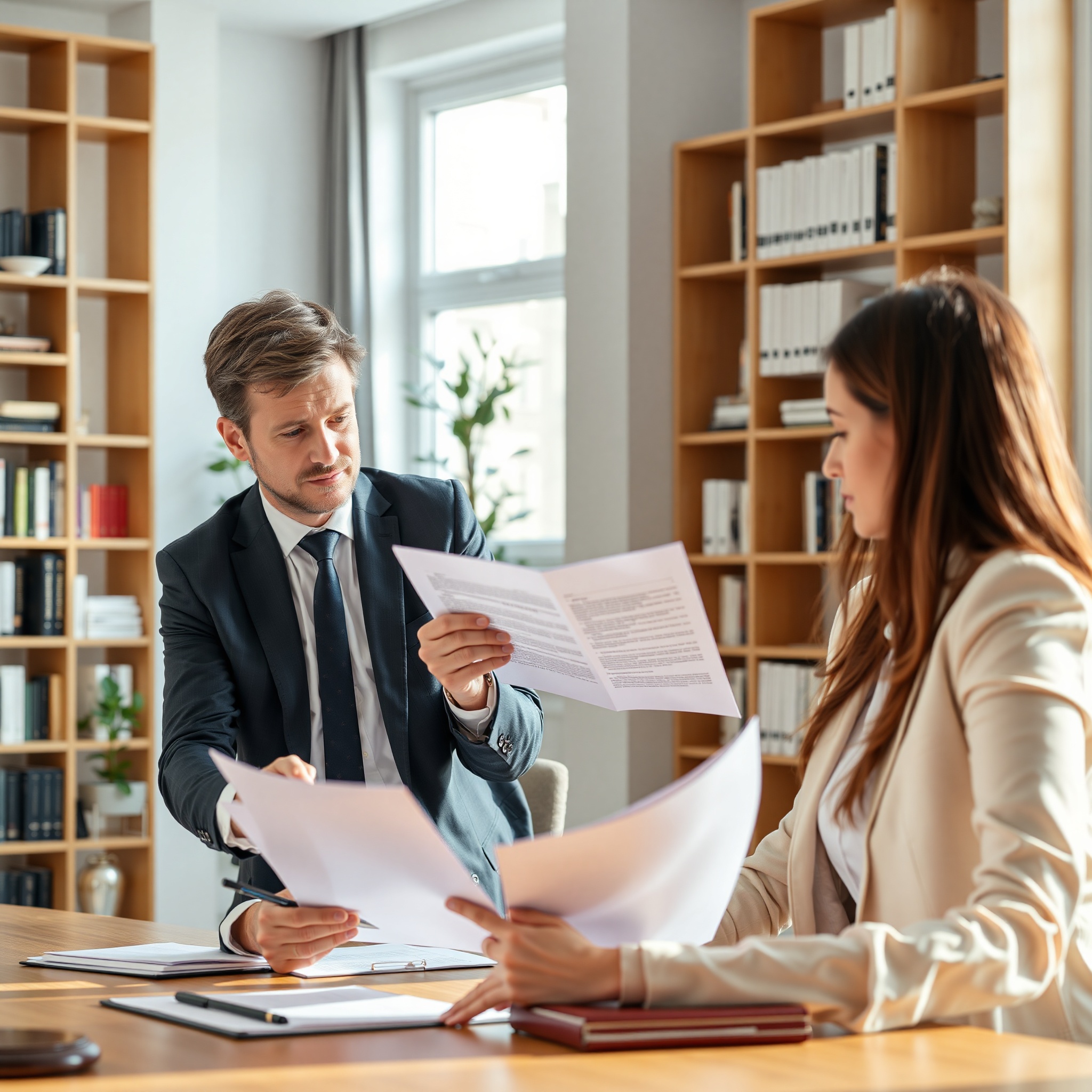 Professional lawyer reviewing tenant lease agreement with client in office setting