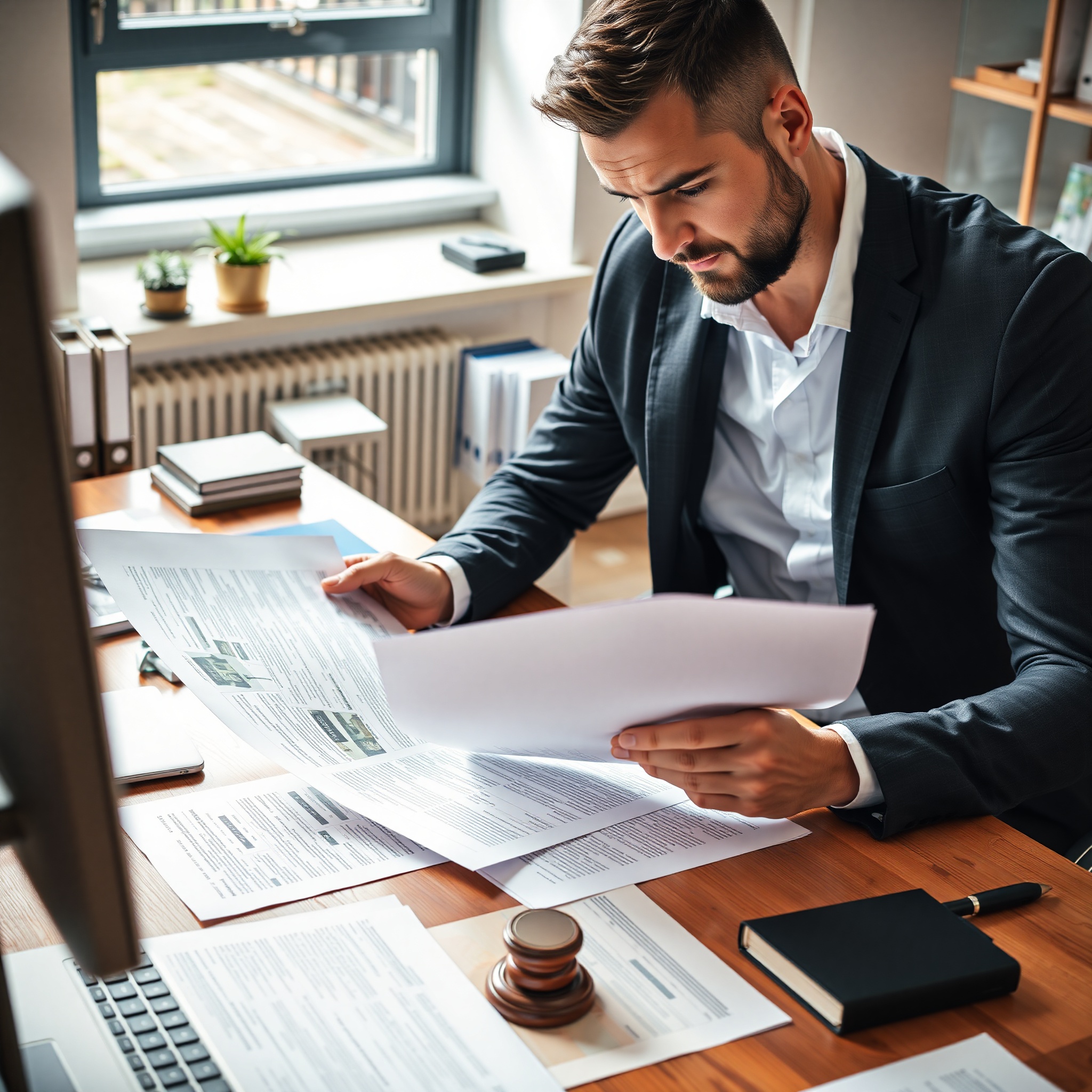 Professional property lawyer reviewing real estate contract at office desk