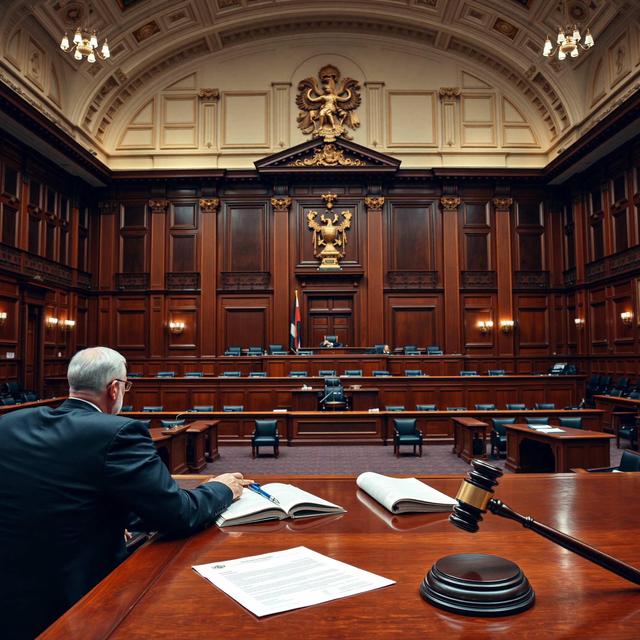 Professional courtroom setting with legal documents and gavel during housing dispute proceeding
