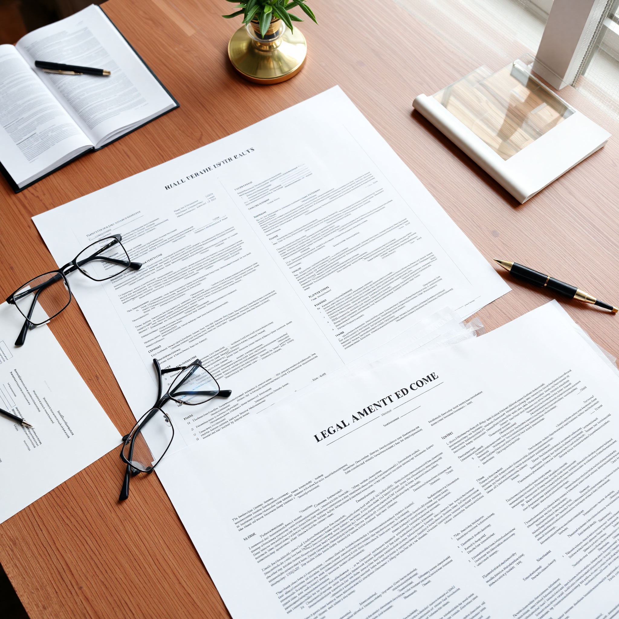 Professional photo of legal documents and property deed on desk, natural office lighting, close-up view
