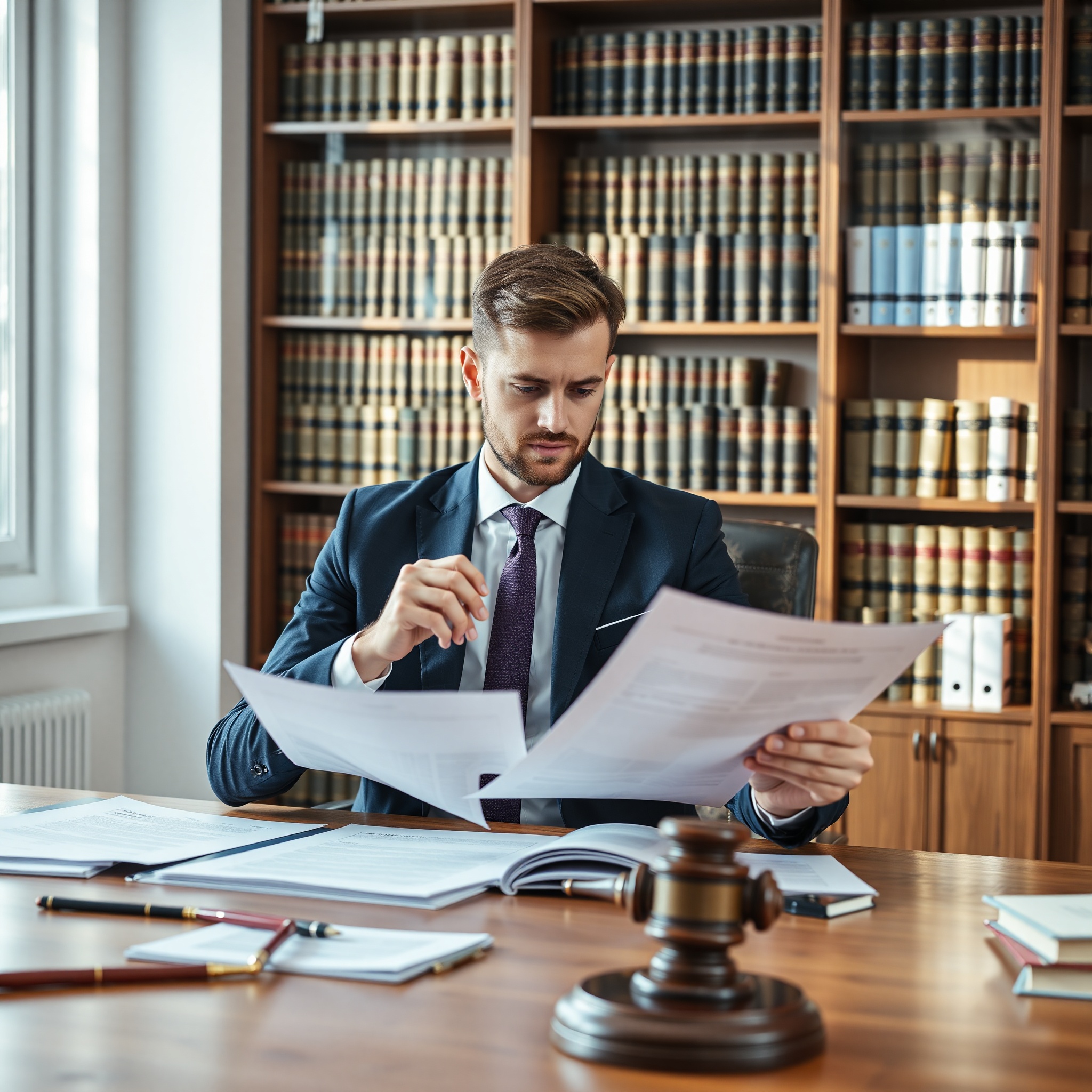 Professional property lawyer reviewing real estate contracts and documents in modern office