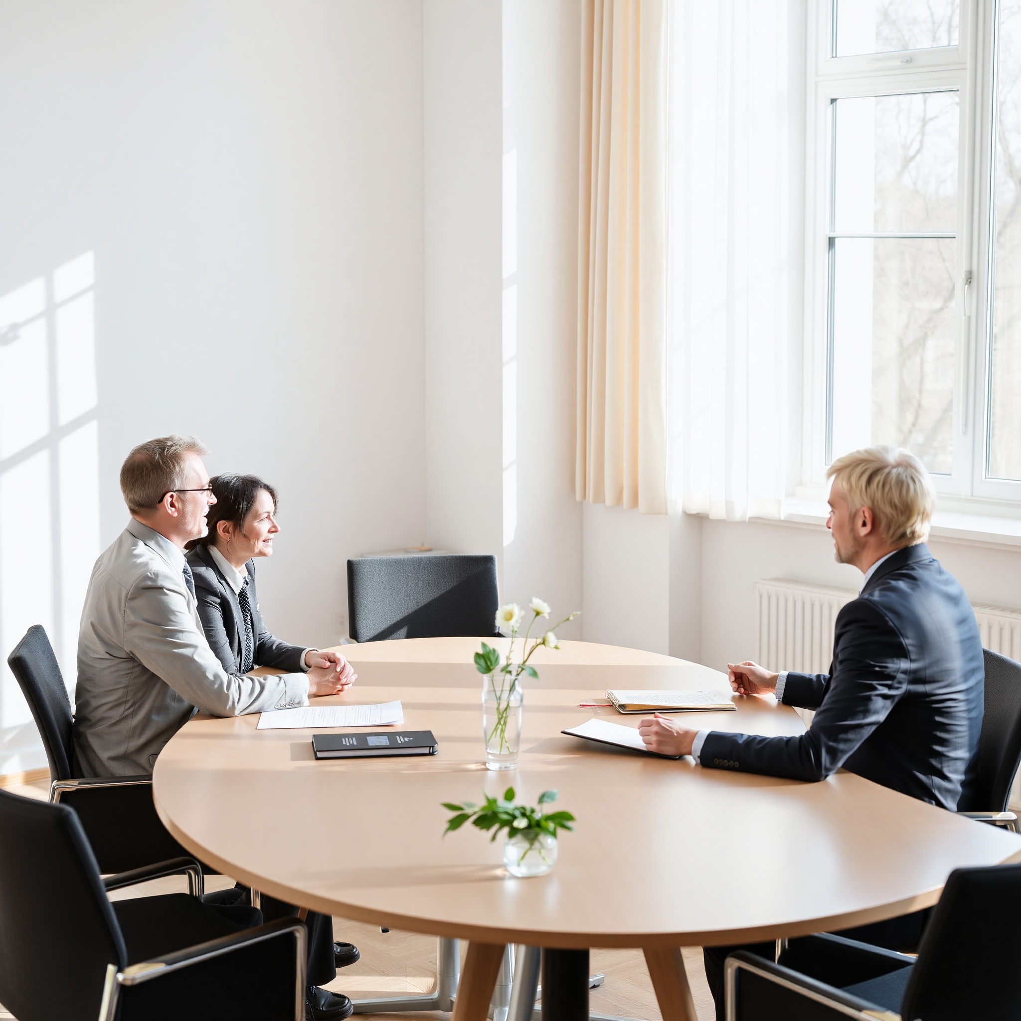 Professional photo of mediation session with two people and mediator in discussion, collaborative environment, soft lighting