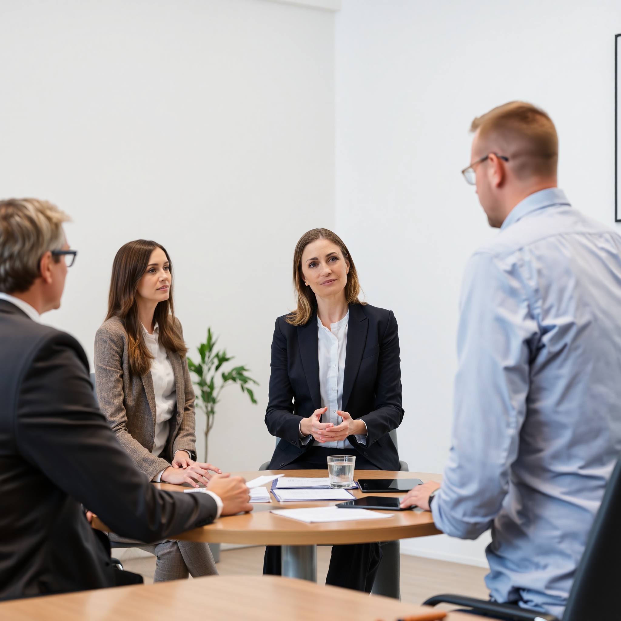 Mediation session with mediator facilitating discussion between neighbors about housing dispute