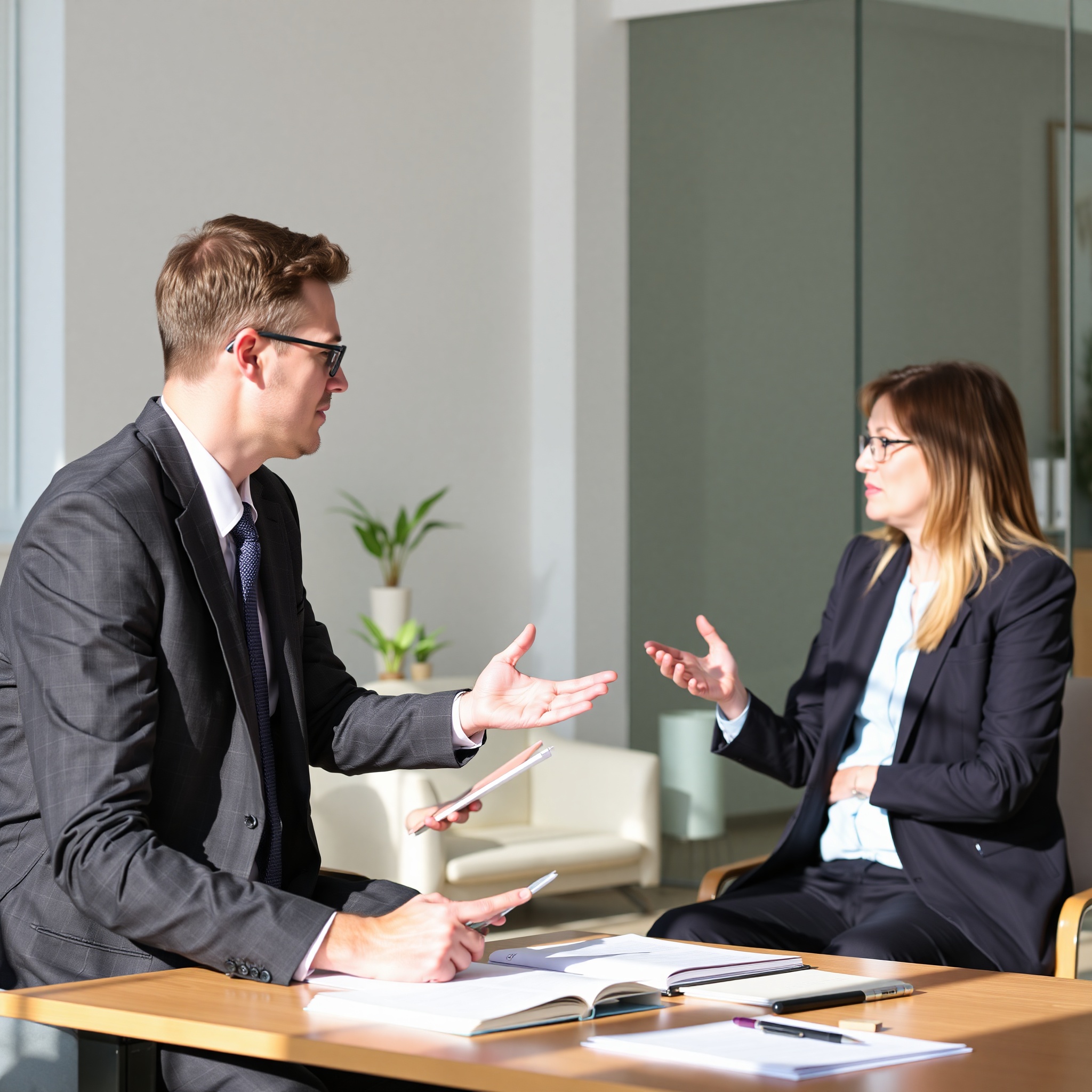 Professional mediator facilitating housing dispute resolution discussion between neighbors