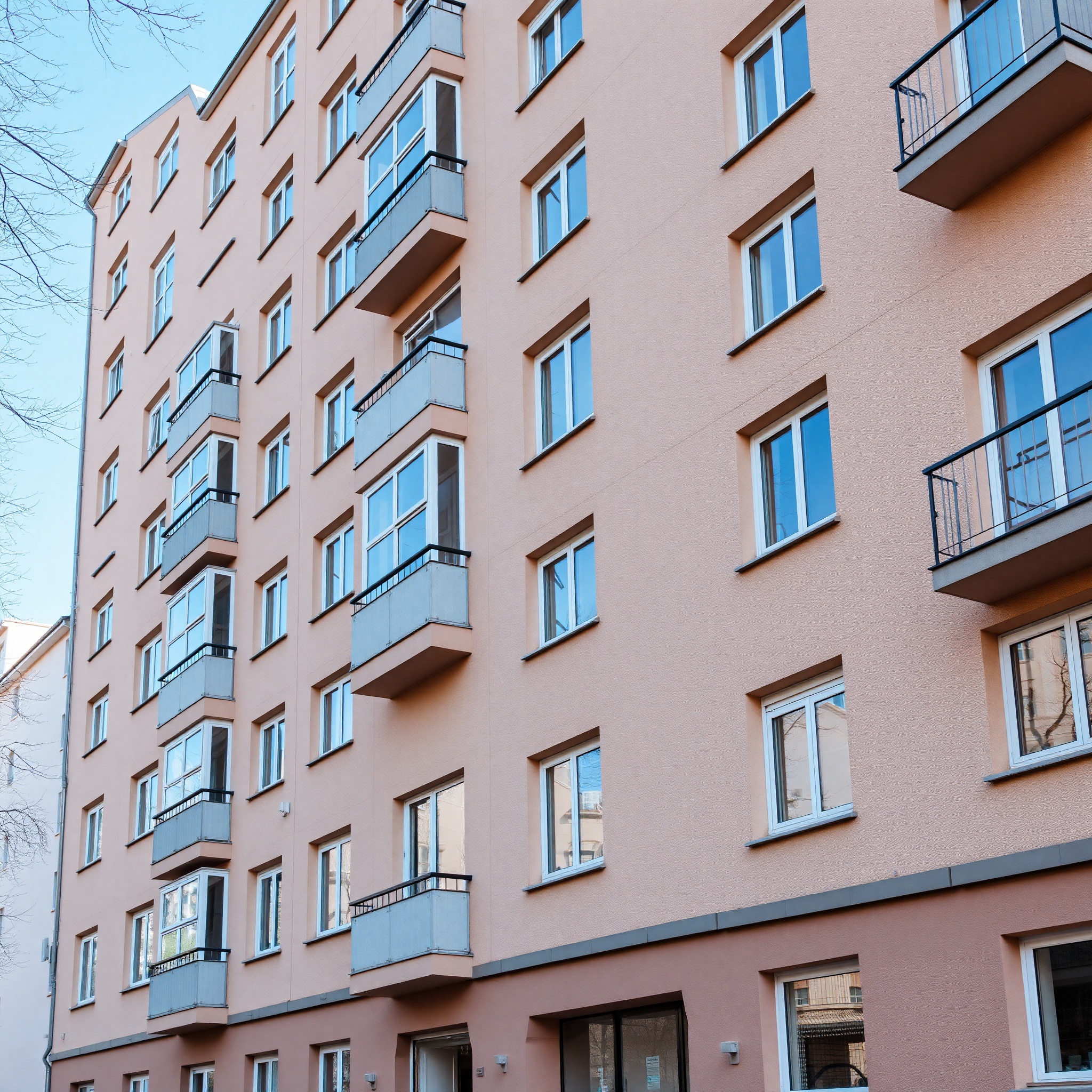 Professional photo of residential apartment building exterior with modern maintenance, natural daylight, architectural perspective