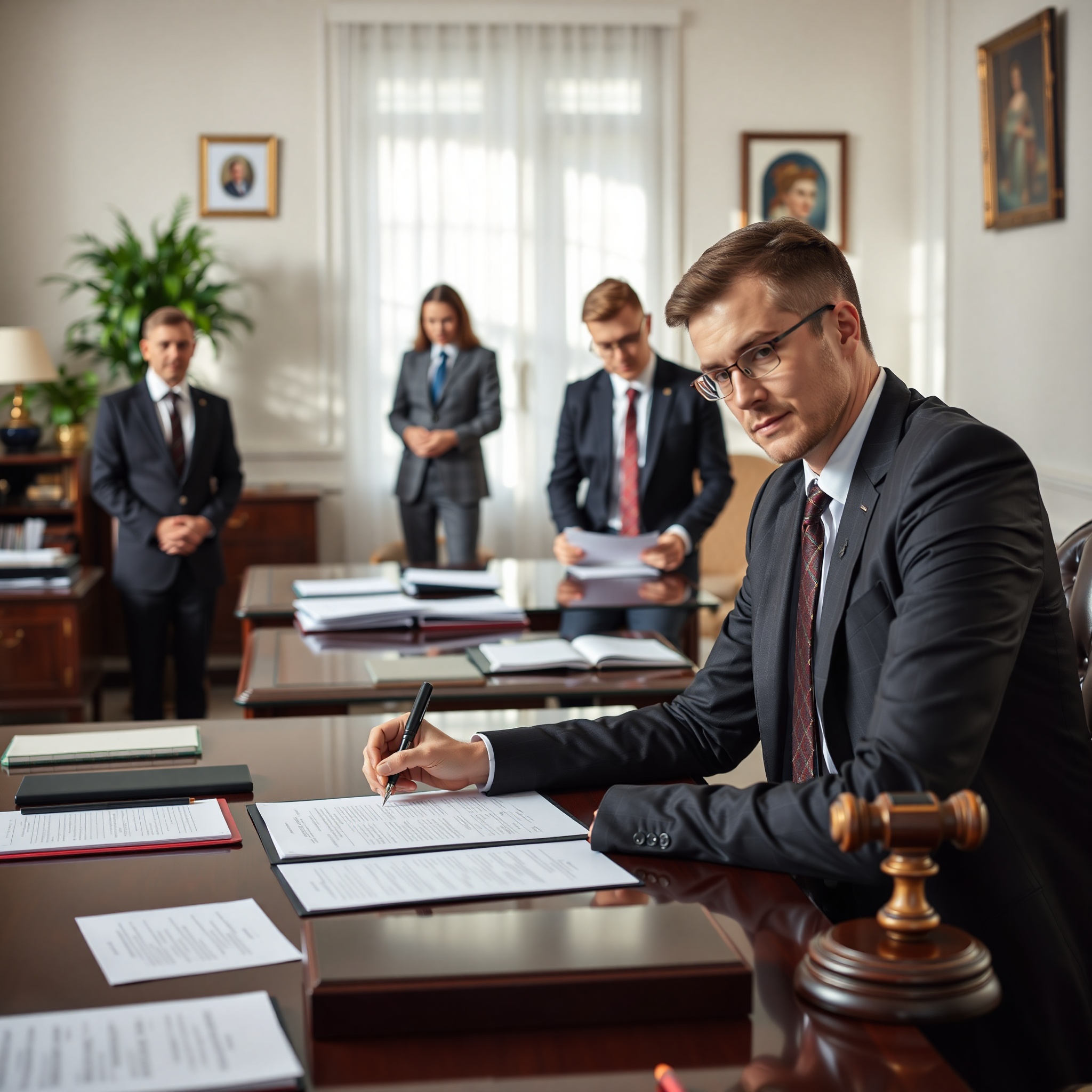 Professional notary signing real estate documents in official notarial office with buyer and seller present