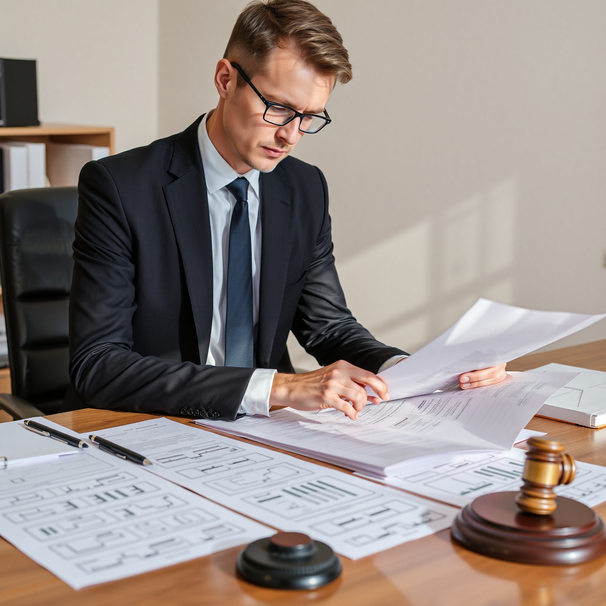 Professional real estate lawyer reviewing property ownership documents and title records