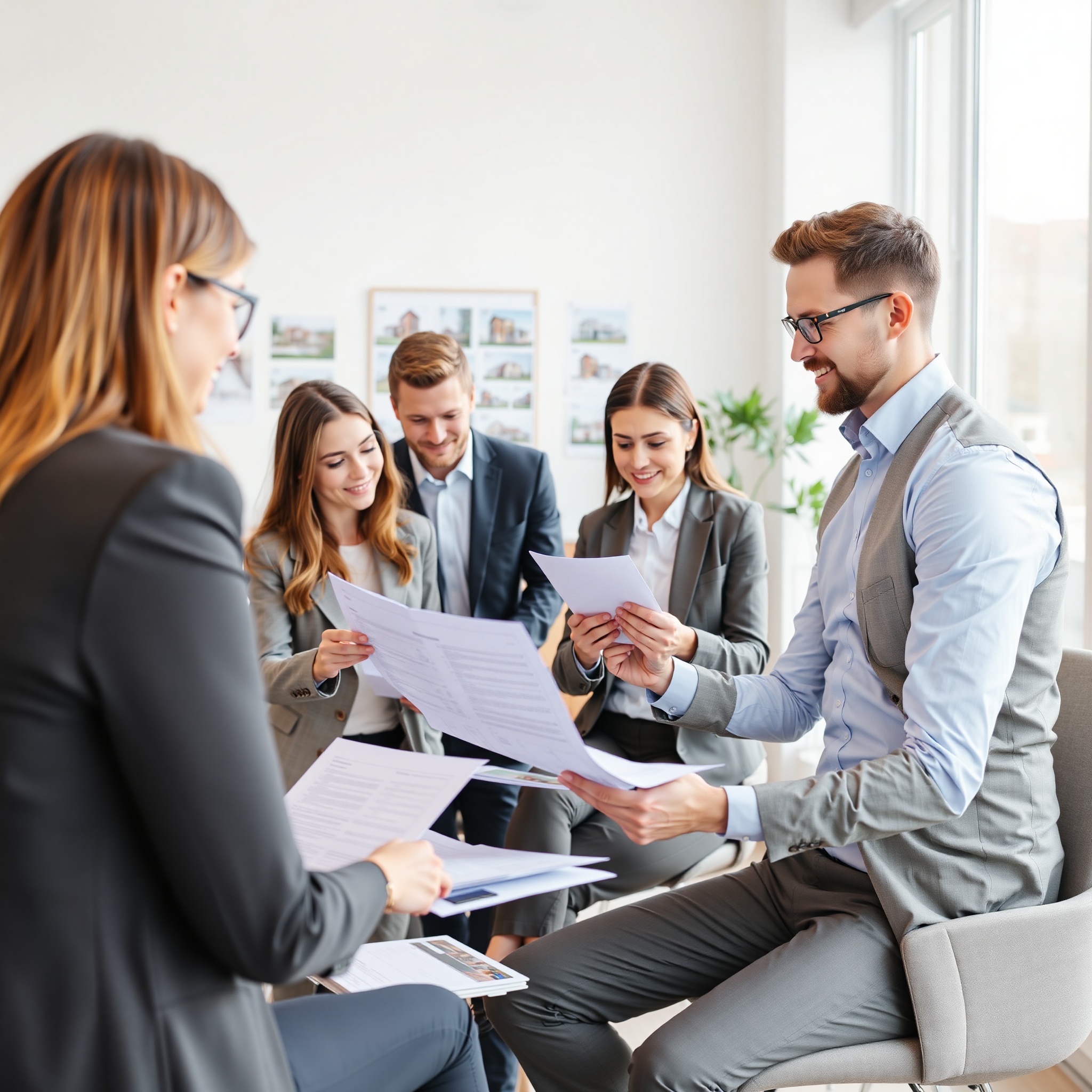 Real estate agent and clients reviewing property purchase contract and mortgage documents