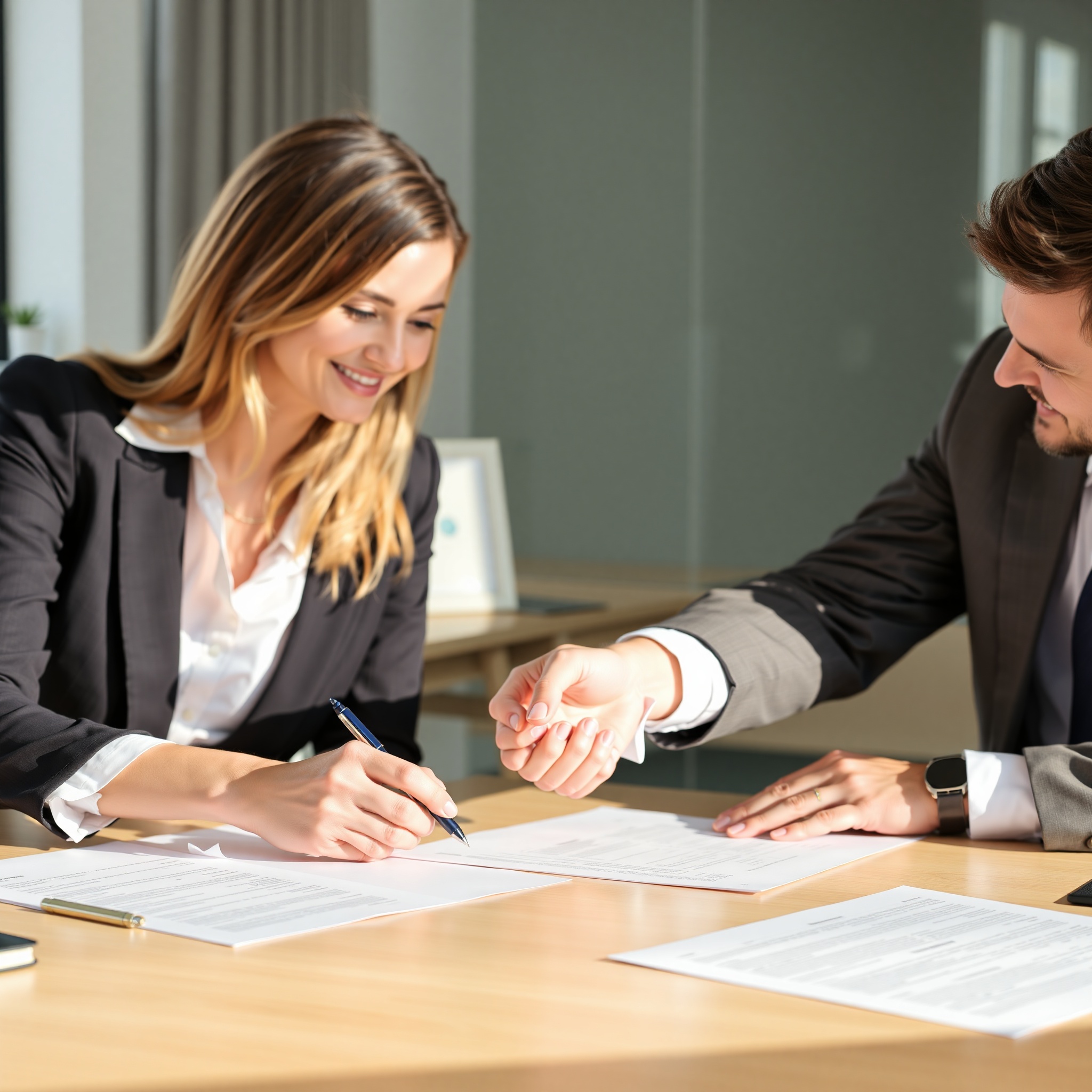 Tenant and landlord signing housing rental agreement with legal documents