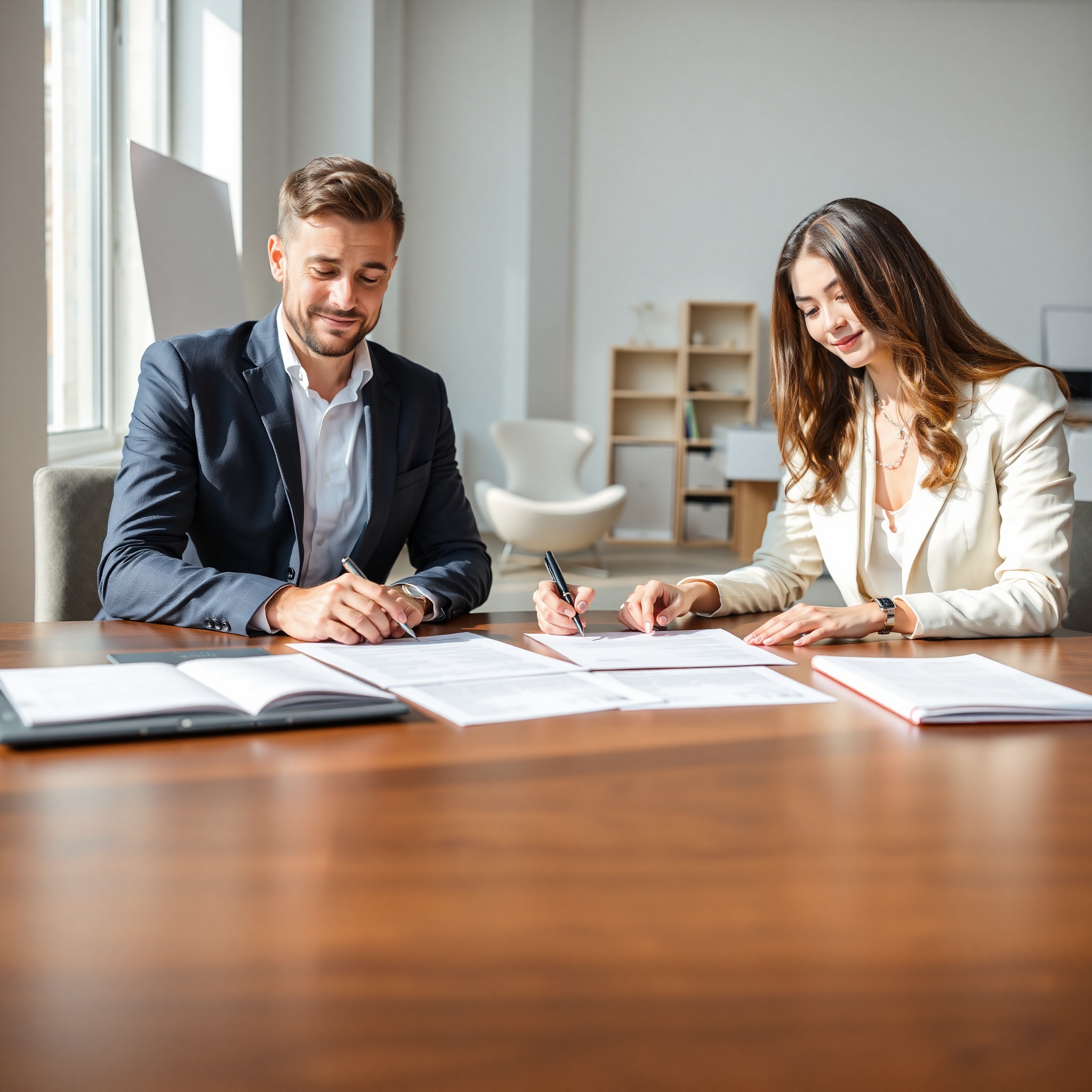 Tenant and landlord signing housing rental agreement with legal documents